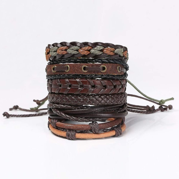 6 stk lærarmbånd, justerbart mote punkflettet menn og kvinner tau armbånd mansjett vintage armbånd wrap sett-serien