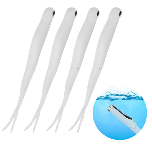 Hvite lange gaffel myke hale fiske lokke - 4 stk, kunstige naturtro lokke for fiskeutstyr, 123 mm lengde og 6,5 g vekt