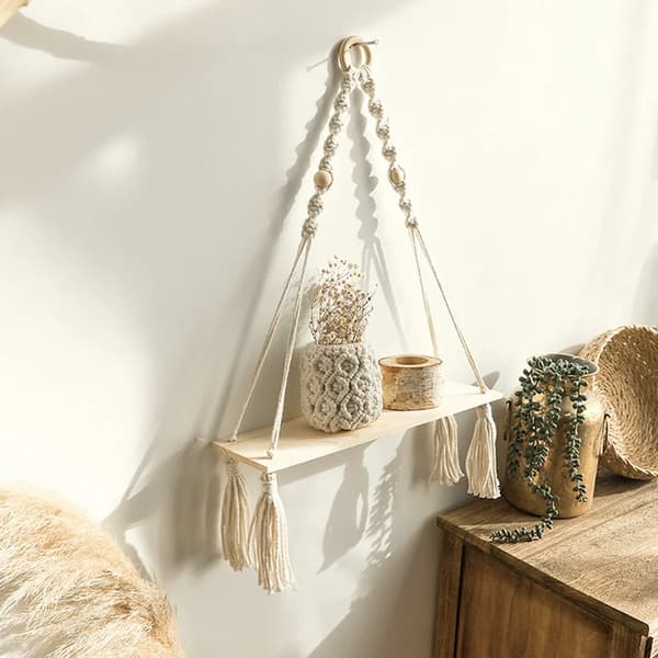 Boho vägg hylla, väggdekoration med tofsar träpärlor, väggmontering för sovrum, balkong