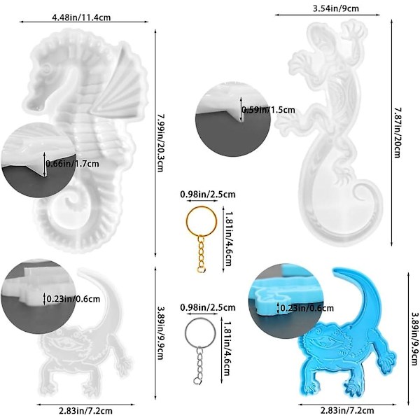4 stk. dyreharpiksformer, 3D silikonharpiksformer gekko sjøhest øgleformer