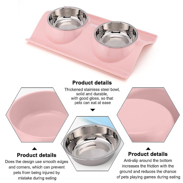 Hunde- og katteskåle i rustfrit stål, dobbeltskåle til kæledyr, chassis uden spild, mad- og vandautomat til katte og små hunde (pink)