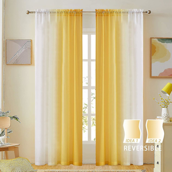 Gule Ombre Faux Linned Gardinpaneler Til Soveværelse Stue Stanglomme, 2 Tone Reversible Gradient Voile Semi Vindue Gardiner, Privatliv Og Lys Fil