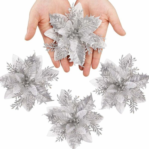 12 st konstgjorda julblommor, julstjärna, julblomma, julgransdekoration, konstgjorda julblommor (silver)