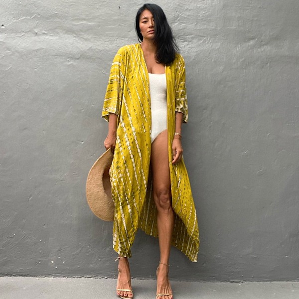 Batikfärgad cardigan strandklänning, bikiniöverdrag, solskyddskläder, semesterklänning, lätt och luftig Yellow-green