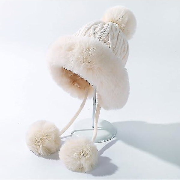 Kvinners Vinter Peruvianske Ørevarmere Ski Snølue Strikket Fleece Foret 3 Pom Poms