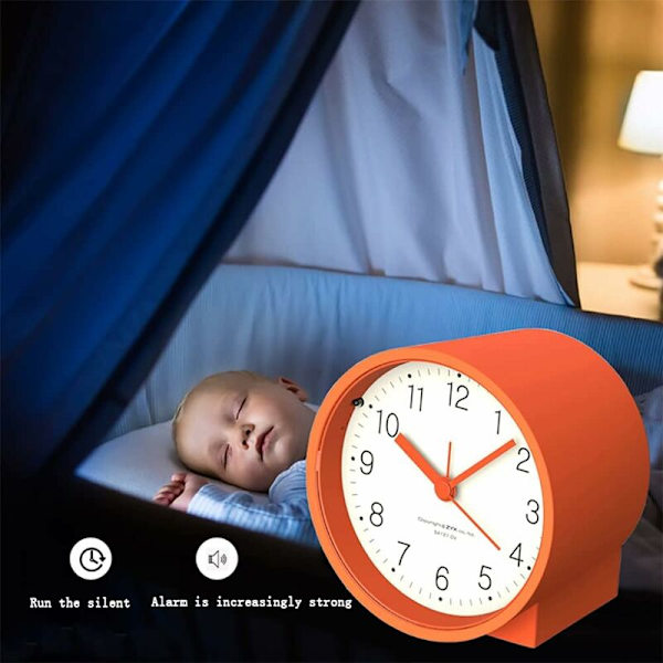 Batteridriven analog väckarklocka, tyst, icke-tickande, ökande pip, snooze (orange)
