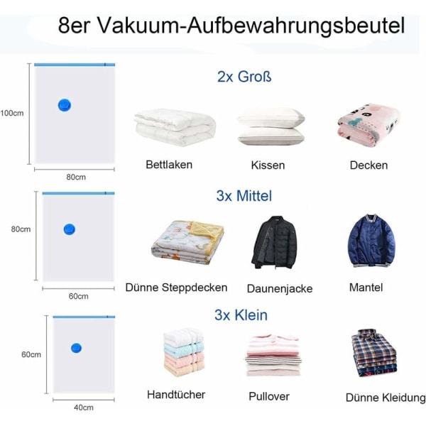 longziming Vakuumpåsar 8-pack, Vakuumpåsar för kläder, 2L100x80 +3M 80x60 + 3S 60x40- Vakuumpåsar för täcken, sängkläder, kuddar