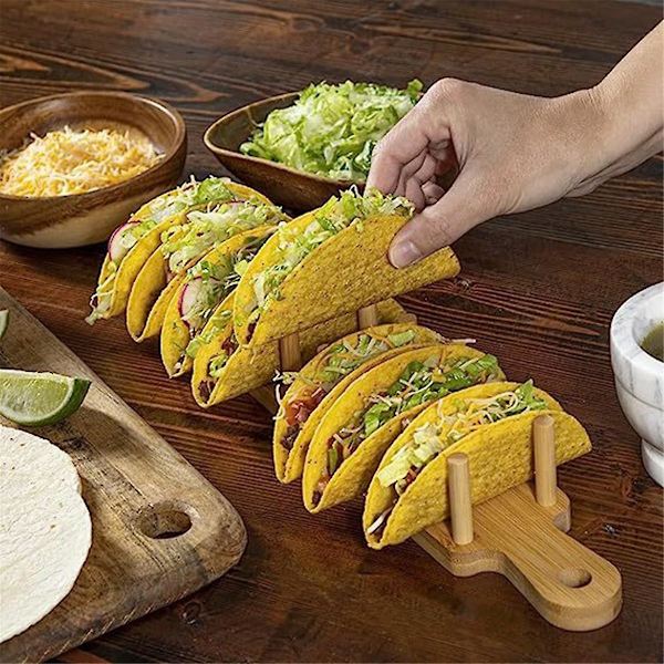 Bambus Taco-brett med plass til 8, Taco Shell-holder tillater flerbruks matbrett Charcuterie-brett（gul)