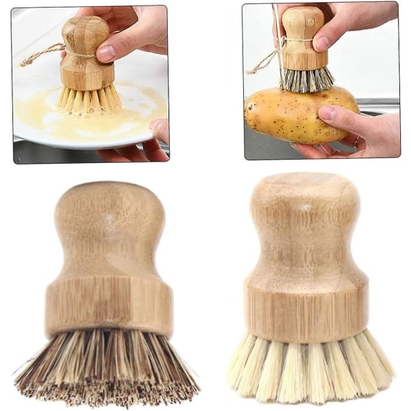 Bambusskrubbebørste Kjøkkenbørstesett for tre til husholdningsbruk Rund rengjøringsbørste (2 stk, trefarge)