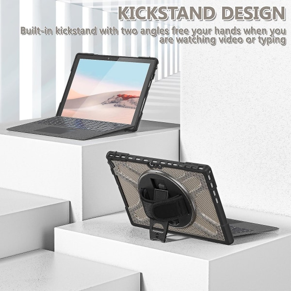 Unik designfodral för Surface Pro 4/5/6/7/7+ med handrem, tangentbordsrem (inget tangentbord), justerbart stativ, kraftigt skyddsfodral, stöttåligt