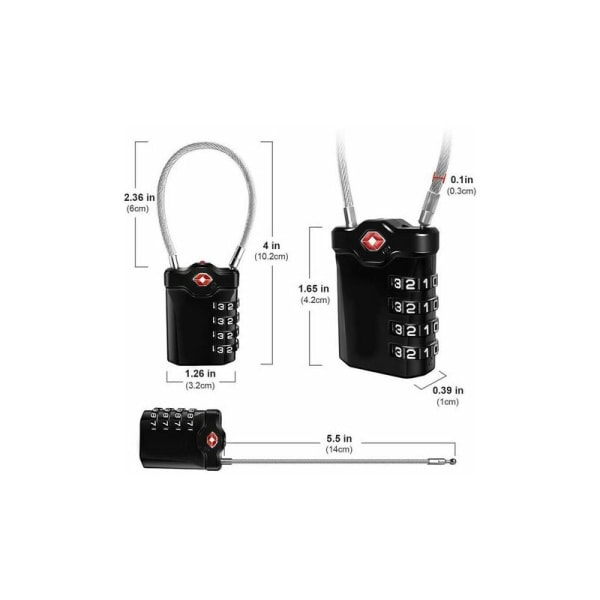 BF 4-siffrig kodlås för resväskor, resväska, högskolelås, hänglås med öppen bagagevarning och stålkabel (svart) - 1 st