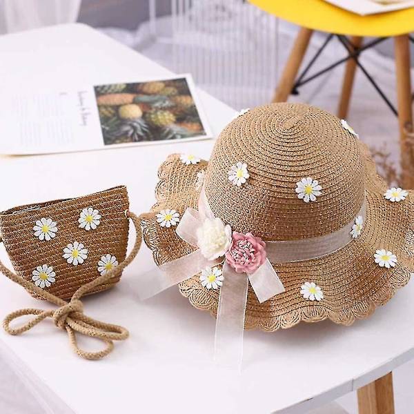 Mdchen Daisy Solhatt Halmhatt Med Axelremsväska Set Sommar Blomma Strandhatt Vågig Bred Solskyddhatt Mössa Mössa För Barn Småbarn Baby