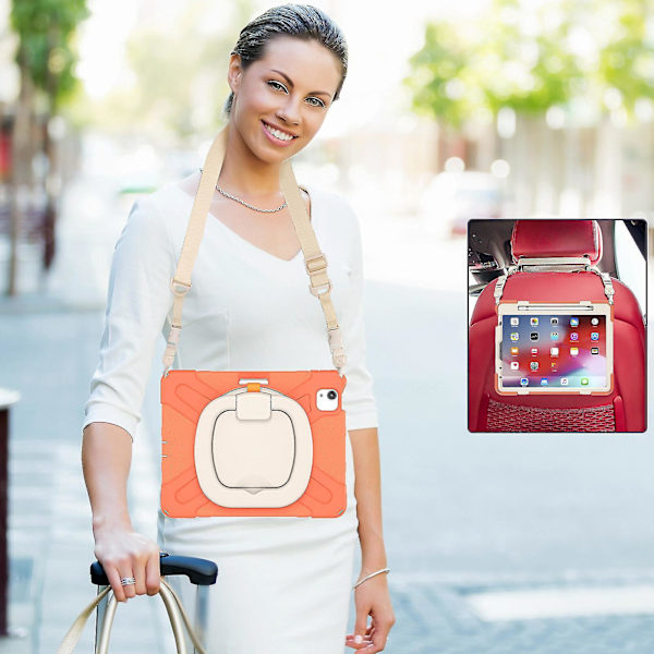 Nyt etui til Ipad Air4 10,9 tommer med skulderrem, roterende stativ, penneholder（koral orange）