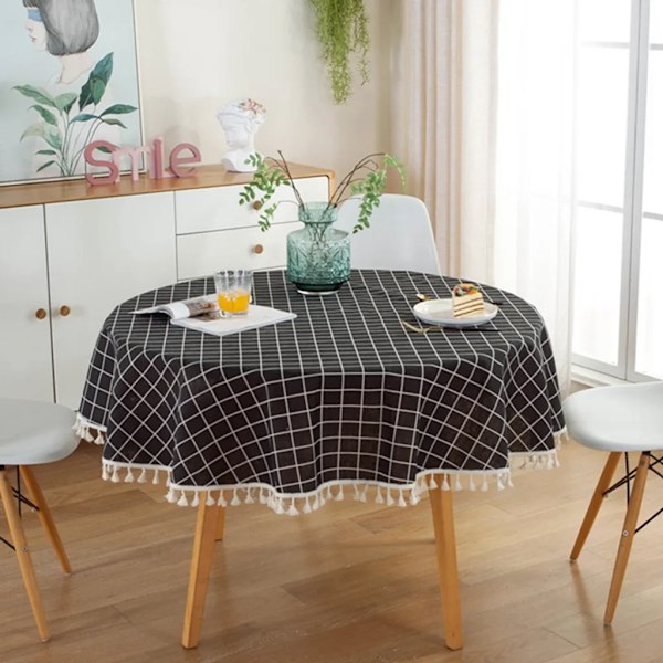 150 cm tofsad duk, rund duk gjord av polyester bomull, för matbord, soffbord, trädgårdsbord (svart rutmönster)
