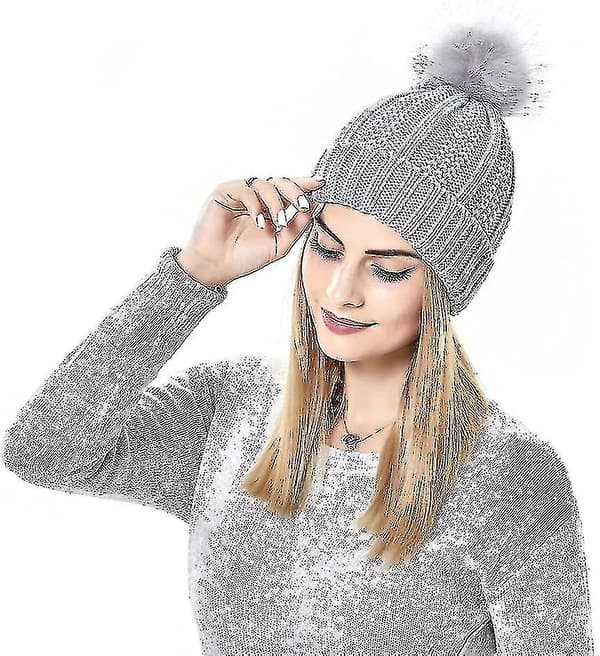 Strikket lue for kvinner med satengfôret dusk - Vintervarmer lue - Bobble lue