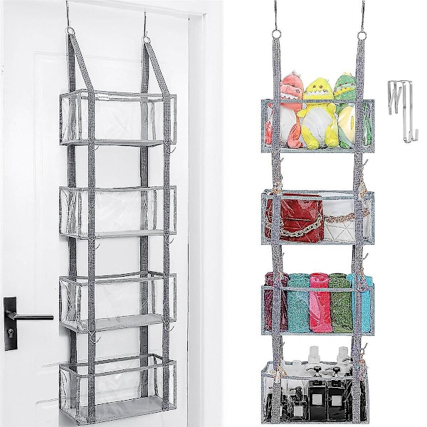 Over The Door Organiser, Pantry Door Organiser, Hængende Hyller Skap Organiser Med 4 Gjennomsiktige Lommer（grå)