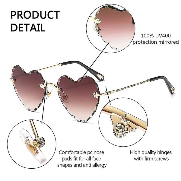 Sydänsilmät Aurinkolasit Kehyksetön Ohut Metallirunko Sydämenmuotoiset Aurinkolasit Söpöt Silmälasit Naisille Ruskea