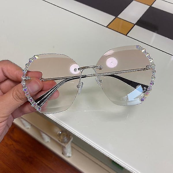 Moderigtige Oversized Rimless Solbriller, Diamond Solbriller (Blå)