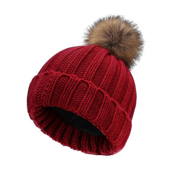 Ladies Bobble Hat Winter Beanie Hats Cable Knitted Hat With Faux Fur Pom Pom(1 Pc)