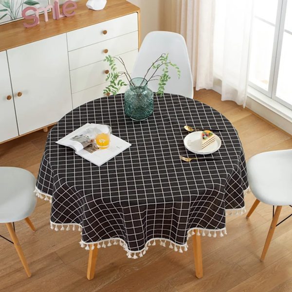150 cm tofsad duk, rund duk gjord av polyester bomull, för matbord, soffbord, trädgårdsbord (svart rutmönster)
