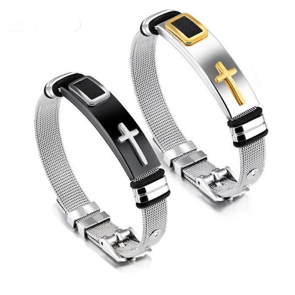 2PCS Svart Mote Menn Titanium Stål Kors Justerbart Armbånd