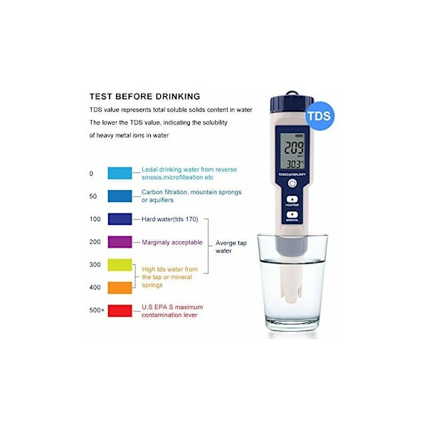 PH/Salinitet/Temperatur/TDS/EC-mätare, IP67 Bärbar Multifunktionell Dricksvatten Akvarium Vattenkvalitetsdetektor