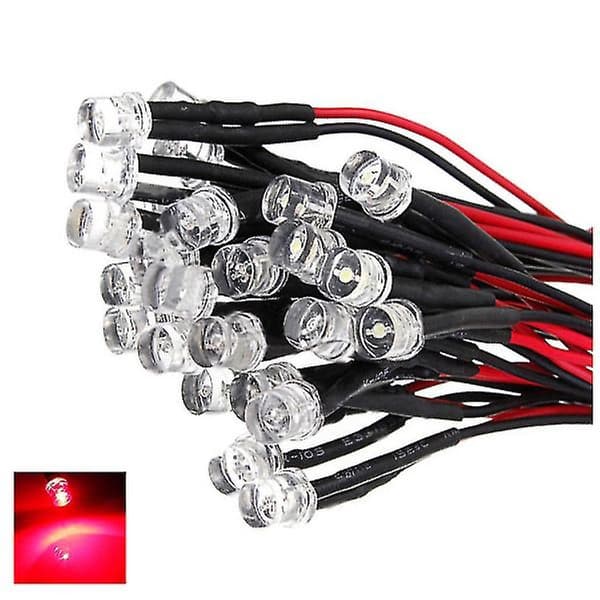 20cm 12v kablet lysdiode led-forbindelse batchstørrelse: 5mm flad top farve: rød mængde: 10 stk.