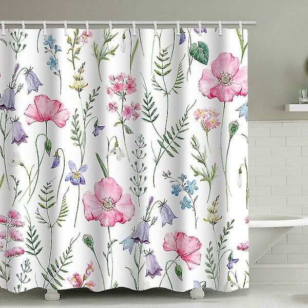 Duschdraperi Akvarell Blommor Växter Duschdraperi Set Tryckt Vattentät Polyester Duschdraperi (Rosa)