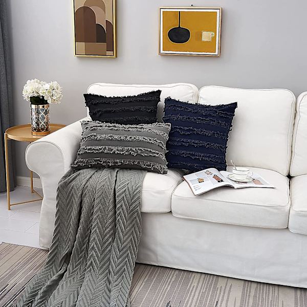 Svart bäddsoffa överkast kuddfodral, bomull och linne dekorativa kuddfodral, 24 x 24 tum, set med 2