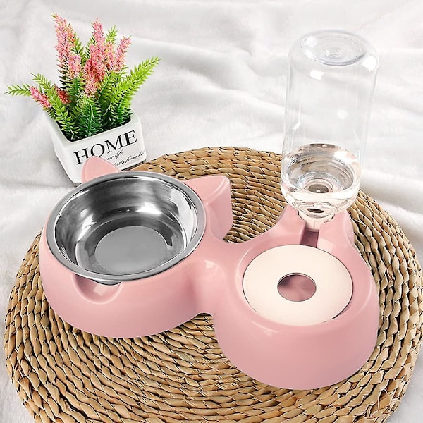 Katt- och hundskål, automatisk 2-i-1-skål för husdjur, tyst vattenbehållare med flaska, rostfri skål, spillsäker och anti-overflow dubbelskål (rosa)
