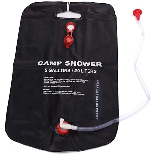Solsduschpåse, campingduschpåse, 20 liter, uppvärmd duschpåse med avtagbar slang, omkopplingsbar duschmunstycke (svart)