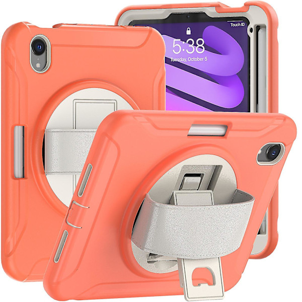 Nyt Etui Til Ipad Mini6 8.3 Tommer Med Roterende Stativ, Penneholder（Korallorange）