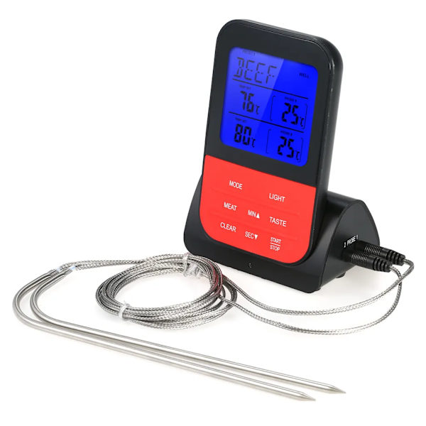 Trådlös digital BBQ-kötttermometer omedelbar bakgrundsbelyst LCD-matlagningstemperaturmätare med matlagningstimer Dubbel sond