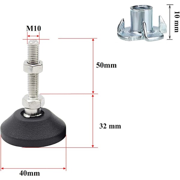 Justerbara ben, 4 stycken kraftiga rostfria ståljusteringsfötter M10 x 50 mm halkfria vinkeljusteringsskruvar med T-spår för möbler