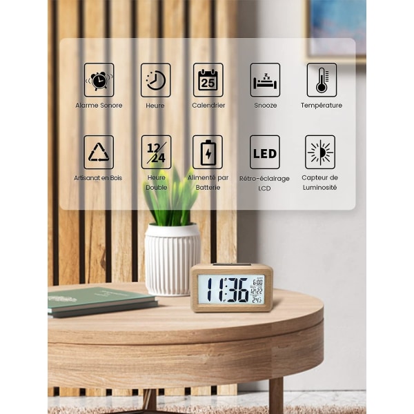 Trädigital väckarklocka, LED väckarklocka utan tickande digital klocka med datumvisning, temperatur, snooze-funktion, batteridriven digital klocka3