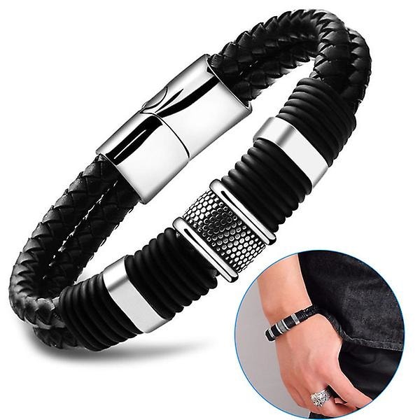 Braided Leather Bracelet Titanium Stainless Steel Bracelet Men [black]