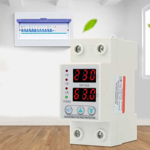 AC230V 63A Strömövervakning Spänningsöver/underspänningsskydd Enhet Dubbel LED-display Enfas Lågspänningsskydd DIN-skena Installation