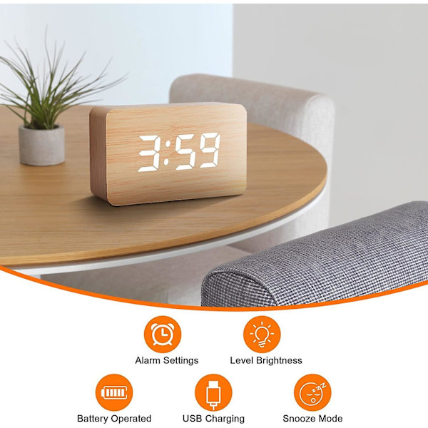 Batteri/USB-laddning LED digital väckarklocka, display temperatur, 3 set med larm och 2 set med larmlägen, 3 ljusstyrkejusteringar (bambuträ)