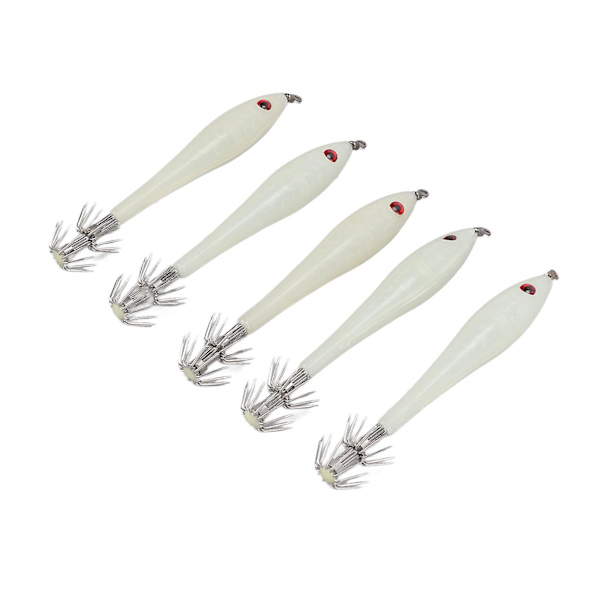 5PCS Hård Fiske Lure Simulering Bläckfisk Falsk Bete Krokar Artificiell Bläckfisk Dubbelkrok JigLuminous Vit