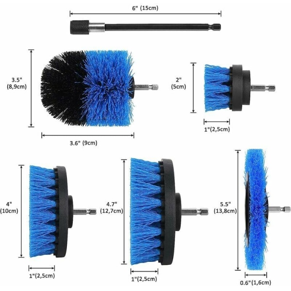 Sats med 6 rengöringsborstar kompatibla med sladdlös skruvdragare, rengöringsborste för fälgar, badkar, kakel, kök, bil, soffa och grill, blå