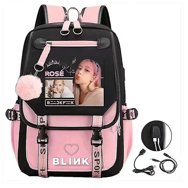 2023 Skole Taske Rygsæk Med Usb Opladning & Hovedtelefon Port(blackpink)blackpink Rygsæk Laptop Taske
