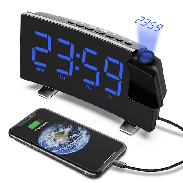 Blå väckarklocka med 180 projektor, 4-nivåers ljusstyrka, stor LED-display, digital väckarklocka med USB-laddningsport, 9 minuters snooze, 12/24H A