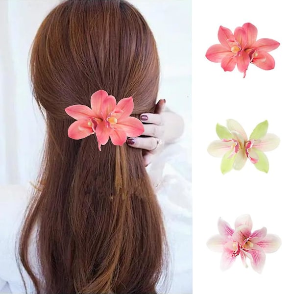 Dubbelblommig hårnål orkidé blommor hårklämmor Hawaii mode hårklo kvinnor（grön）