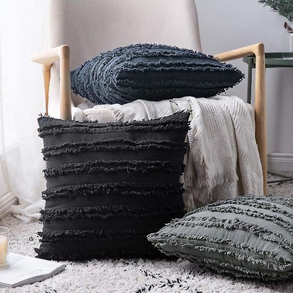 Set med 2 sorte putetrekk Rustikk lin dekorative firkantede pynteputer 16x16 tommer for sofa sofadekorasjon
