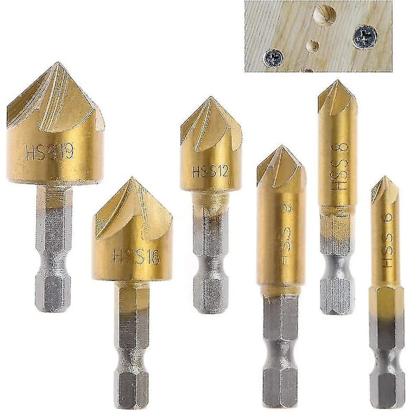 6 st HSS Fasavskärare 90 Grader 5 Spår Fasavskärare Hålskärare Titanbelagd Sänkskruv 1/4\" Träbearbetningsborr Sexkantskaft 6mm 8mm 9m
