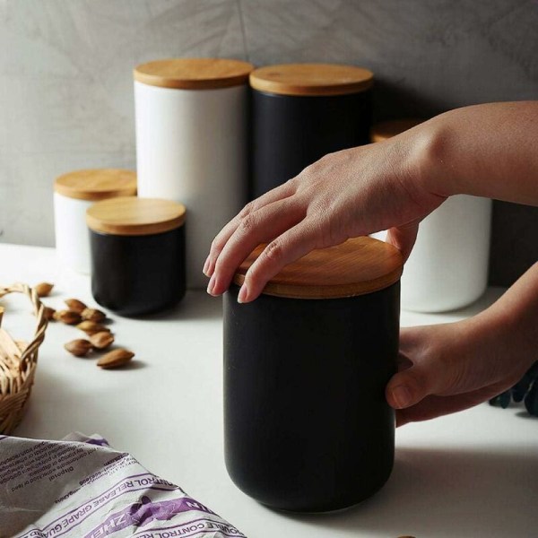 Keramisk förvaringsburk med trälock - Bärbar och lufttät - för te, socker, kaffebönor, nötter, te - Svart (800 ml)