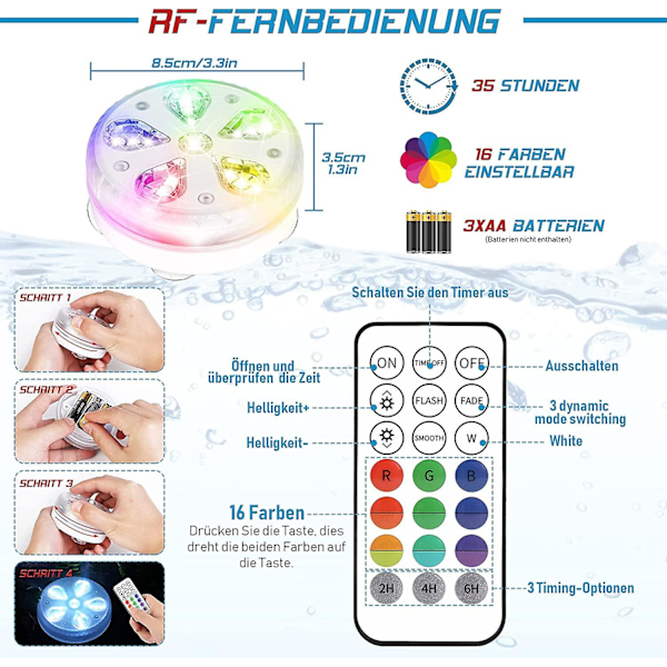 Vandtæt LED nedsænkelig poolbelysning med RF-fjernbetjening, timer, 16 LED'er, sugekop og magnet til pool, akvarium, vase, fest (4)