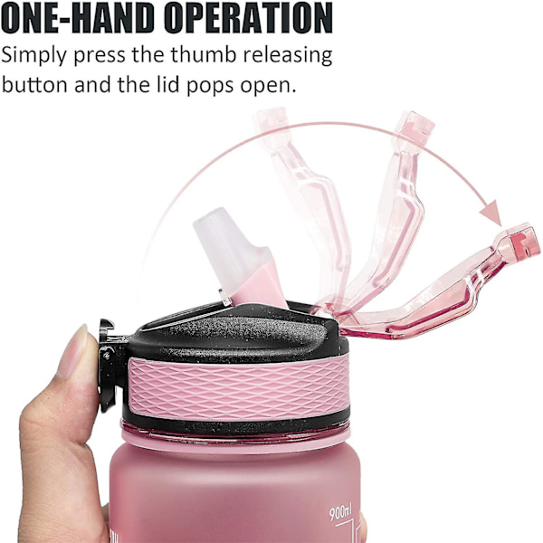 32oz Motiverande Vattenflaska med Tidsmarkör och Sugrör - Frostad Bärbar Återanvändbar Fitness Sport 1L Vattenflaska Rosa