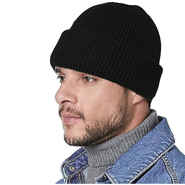 Herre Uld Hue Med Fleece Strikket Vinterhue Fortykke Hue Termisk Vindtæt Unisex Huer Sort（Grå）