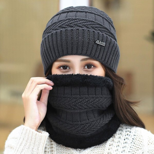 2 st/set Damhatt Halsduk Varm Nackskydd Tjock Stickad Vinterhatt Ansiktsmask för Utomhus (Svart)